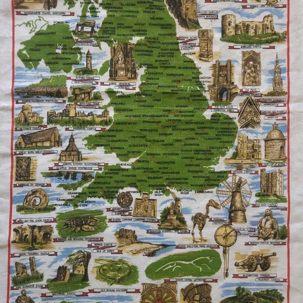 Vtg Irish Linen Kitchen Dish Tea Towel Britain Souvenir Map Wall Art Repurpose
